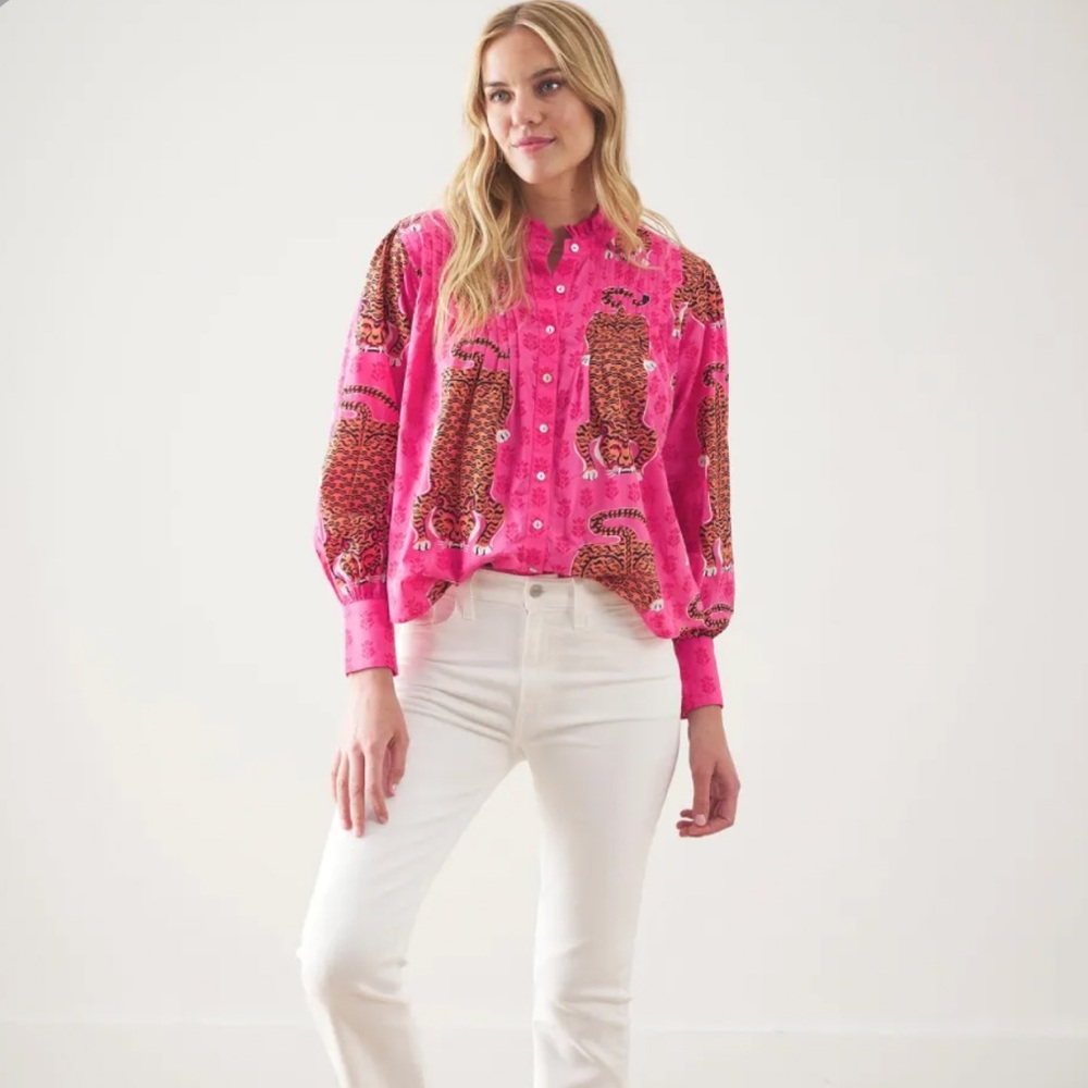 PRINTFRESH On a Whim Cotton Blouse in Neon Rose Siberian Stripes Size XS - Picture 2 of 14